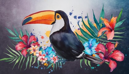 colorful toucan bird with tropical flowers painted in watercolor style with splash of paint isolated on white background tropical travel vacation cute cartoon exotic jungle graphic resource by vita - obrazy, fototapety, plakaty