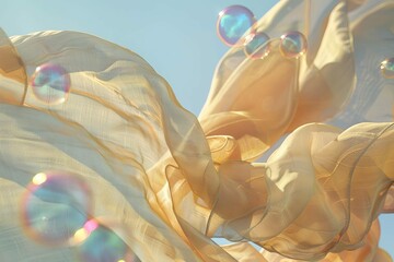 sundried linen sheets gently blowing in breeze with iridescent soap bubbles floating by concept illustration - obrazy, fototapety, plakaty