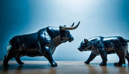 a bull versus a bear as business financial stock market concept blue tone background