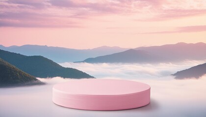 surreal podium outdoors on sky pink pastel soft cloud with misty mountain nature landscape background beauty cosmetic product placement pedestal present minimal display summer paradise dreamy concept