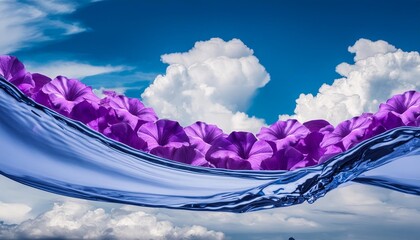 a violet wave of liquid petals in the sky surrounded by electric blue clouds