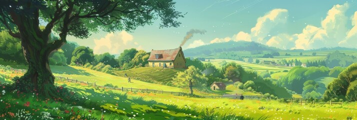 Peaceful Countryside Illustration: Verdant Rolling Hills Creating a Soothing Ambiance