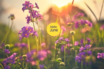spring meadow with purple flowers, yellow circle and text inside the circle says 