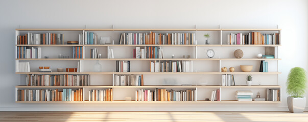 Bookshelves with various books in a bright modern room, generated ai