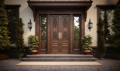 Obraz premium Classic entrance door in a house, vintage wooden front door, generated ai