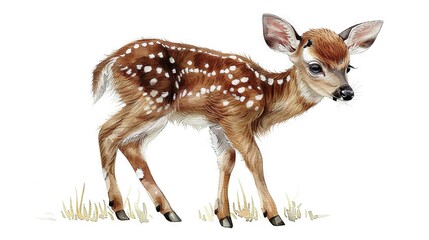   A picture of a fawn standing in the meadow with its head tilted, facing the lens