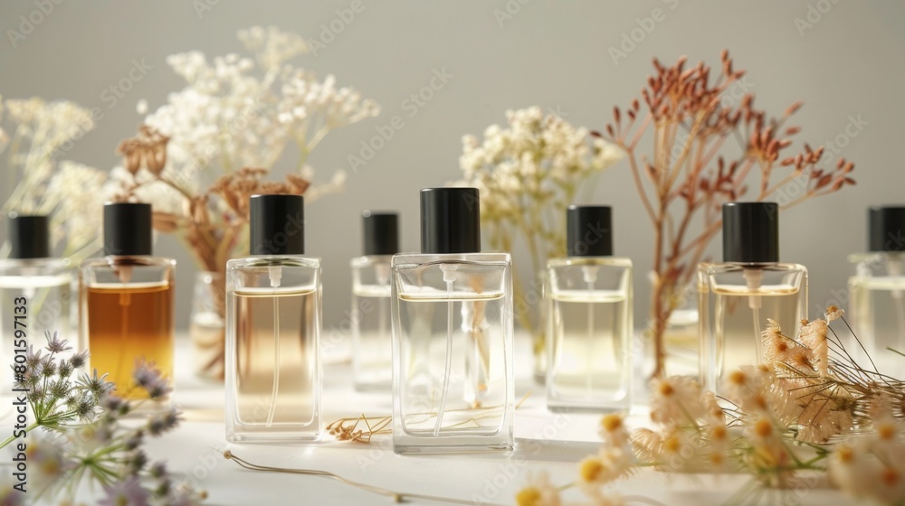 Aufkleber a collection of various perfume bottles surrounded by an array of delicate dried flowers on a neutra