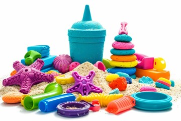 vibrant sandbox toys in bright colors isolated on white background