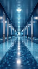 Long Hallway With Blue Walls and Flooring