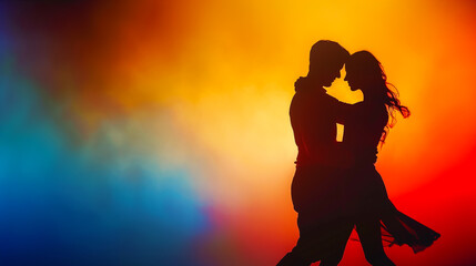 Silhouetted Couple Dancing Under Colorful Lights. A silhouette of a romantic couple dancing passionately under a vibrant, multicolored light backdrop. - obrazy, fototapety, plakaty