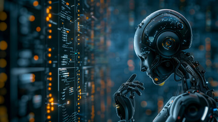 Fototapeta premium AI tech, Advanced Robot Analyzing Data in Server Room. Futuristic robot with sophisticated design analyzes data within a server room, representing cutting-edge artificial intelligence technology.