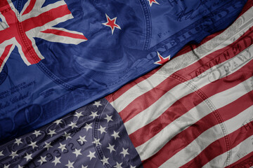 waving colorful flag of united states of america and national flag of new zealand on the dollar...