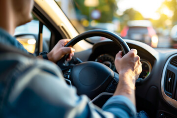 Man Driving Car During Golden Hour. Close-up view of a man's hands on the steering wheel, driving a car in city traffic during the golden hour.