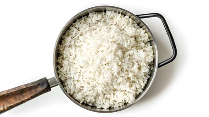 Top view shot capturing rice in a pan.