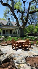 Obraz premium A large tree in front of a house with a patio area. Generative AI.