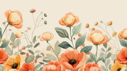 Blossoming peach toned flowers with verdant green leaves on a cream background