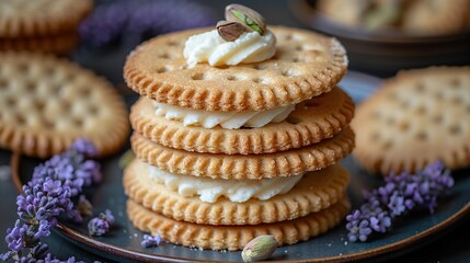  Cookies on top of plate, whipped cream, and lavender flowers