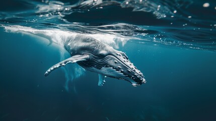 Naklejka premium Baby humpback whale plays near the surface in blue water, copy and text space, 16:9 