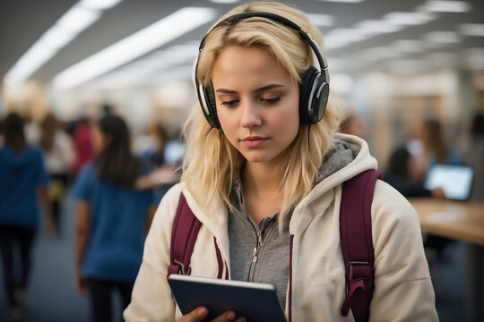 Konzentrierte junge blonde Frau mit Kopfh&ouml;rern nutzt Tablet in belebter Universit&auml;tsbibliothek