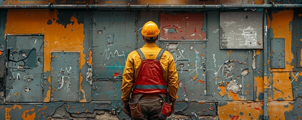 Worker facing a textured colorful wall