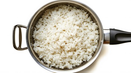 Top view shot capturing rice in a pan.