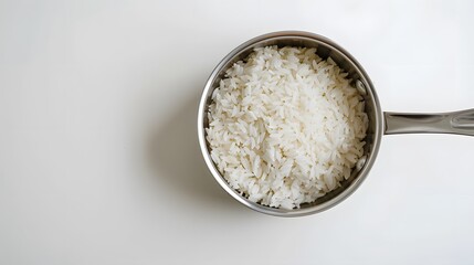 Top view shot capturing rice in a pan.