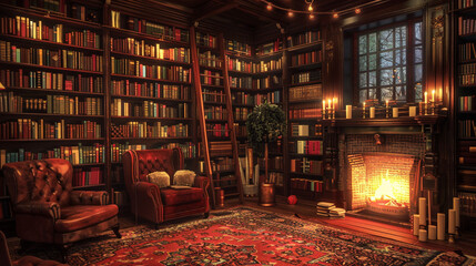 Immerse yourself in a cozy library with floor-to-ceiling bookshelves, a plush reading chair, and a warm fireplace creating a literary sanctuary.
