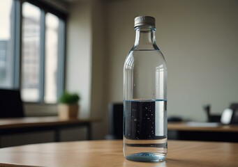 A bottle of water on the desk in the office