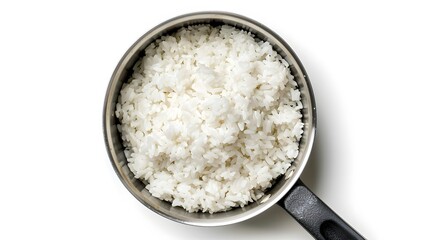 Top view shot capturing rice in a pan.