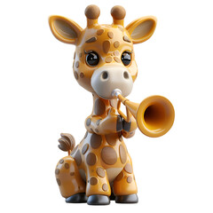 A 3D animated cartoon render of a giraffe blowing a trumpet to alert a village to an approaching storm.