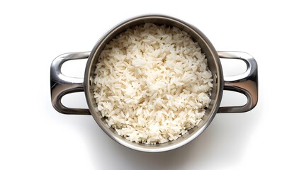 Top view shot capturing rice in a pan.