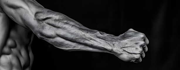 Black and white photograph of an arm with a clenched fist. Martial Arts.