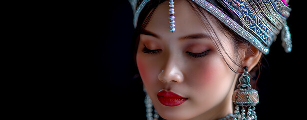 Beautiful Hmong woman in profile. Space for text - obrazy, fototapety, plakaty