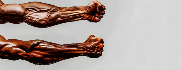 Muscular arm showing closed fist. Space for text. - obrazy, fototapety, plakaty