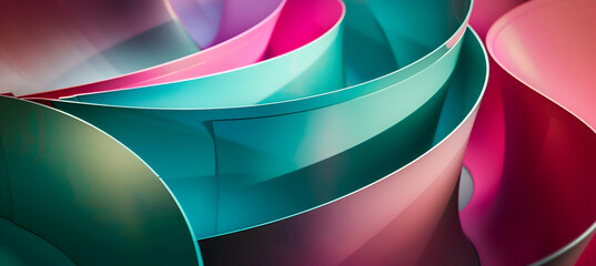 A photograph of an abstract artwork with a harmonious blend of soft geometric shapes and curving lines, painted in vivid jade green and magenta.