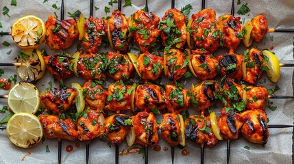 Fototapeta premium Skewered foods with lemon wedges and garnishes on a wire rack