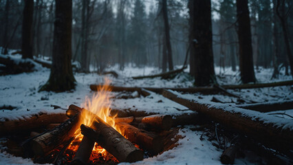 Bonfire in the winter forest