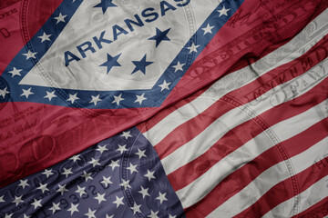 waving colorful flag of united states of america and flag of arkansas state on the dollar money...