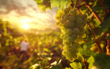 A man harvesting green grapes in a grape plantation with a beautiful view of a sunset in the background, harvesting season, grape harvesting season. Generative AI.