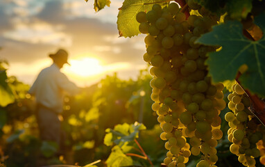 A man harvesting green grapes in a grape plantation with a beautiful view of a sunset in the background, harvesting season, grape harvesting season. Generative AI.