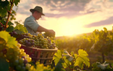 A man harvesting green grapes in a grape plantation with a beautiful view of a sunset in the background, harvesting season, grape harvesting season. Generative AI.