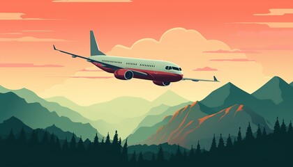 Jet airplane flying above snowy misty mountains sunset road landscape travel trip vacation flight