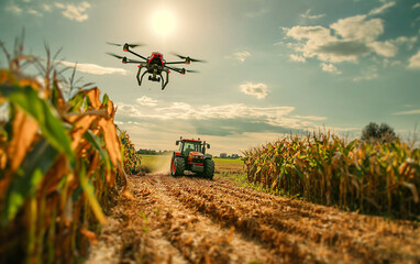 A modern drone flying over a corn field plantation monitoring growth and fumigation and a tractor transiting the corn crop, corn harvesting season. Generative AI.