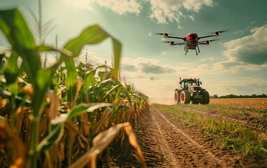 A modern drone flying over a corn field plantation monitoring growth and fumigation and a tractor transiting the corn crop, corn harvesting season. Generative AI.