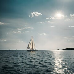 A summer landscape with a yacht sailing on the summer sea and sunny day.