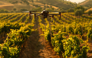 A modern drone flying over a grape field plantation monitoring growth and fumigation, grape harvesting season. Generative AI.