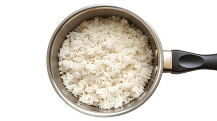 Top view shot capturing rice in a pan.