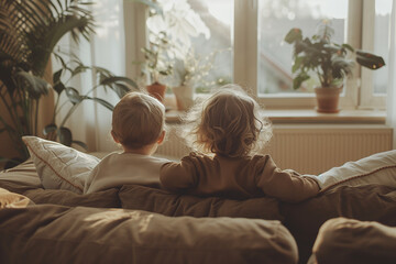 Two Children Sitting on a Bed Looking Out a Window