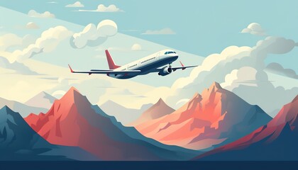 Jet airplane flying above snowy misty mountains sunset road landscape travel trip vacation flight