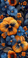 Vibrant Orange and Blue Flowers on Black Background